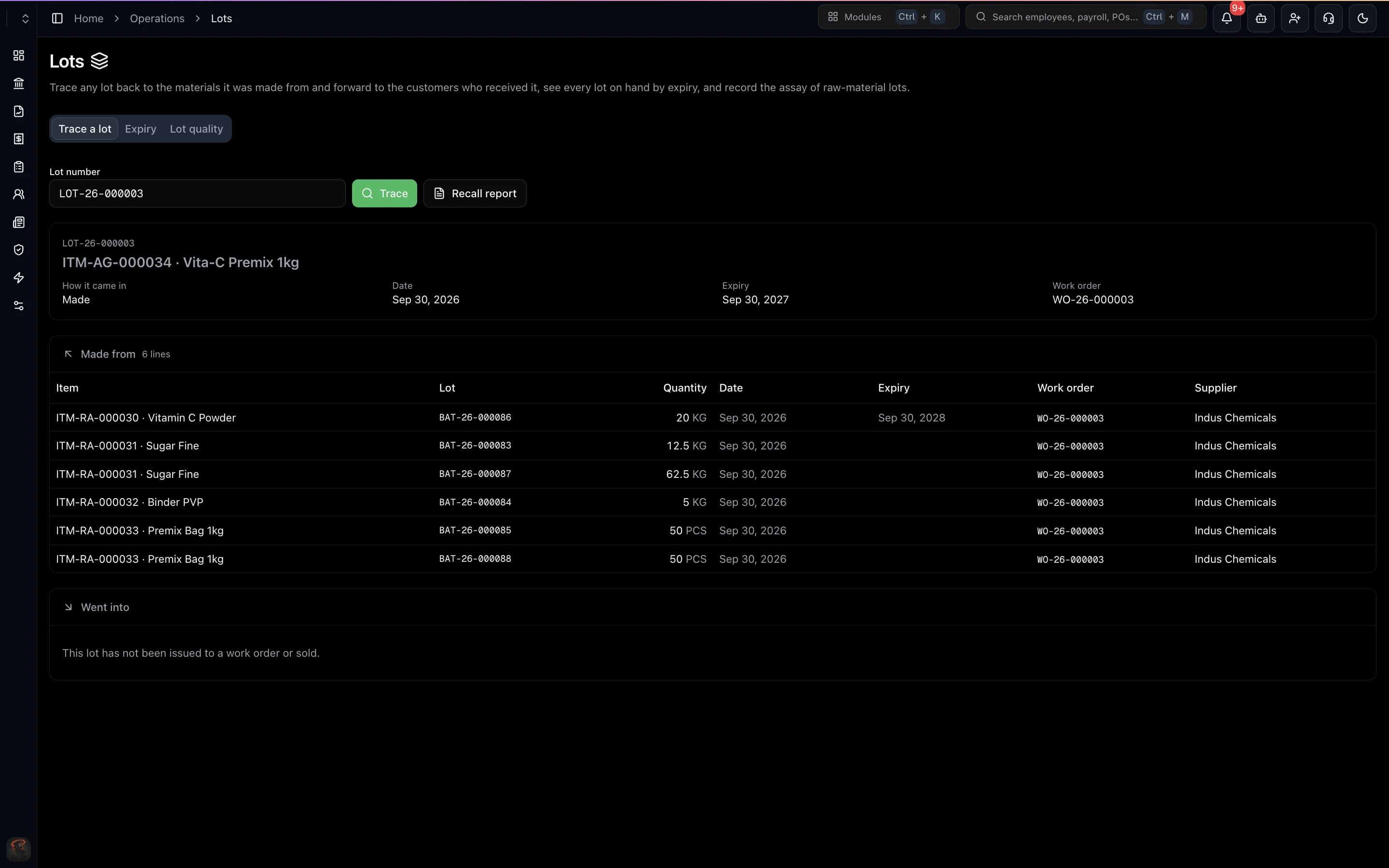 ERES lot traceability screen tracing a finished lot back to the raw material batches, suppliers and expiry dates it was made from