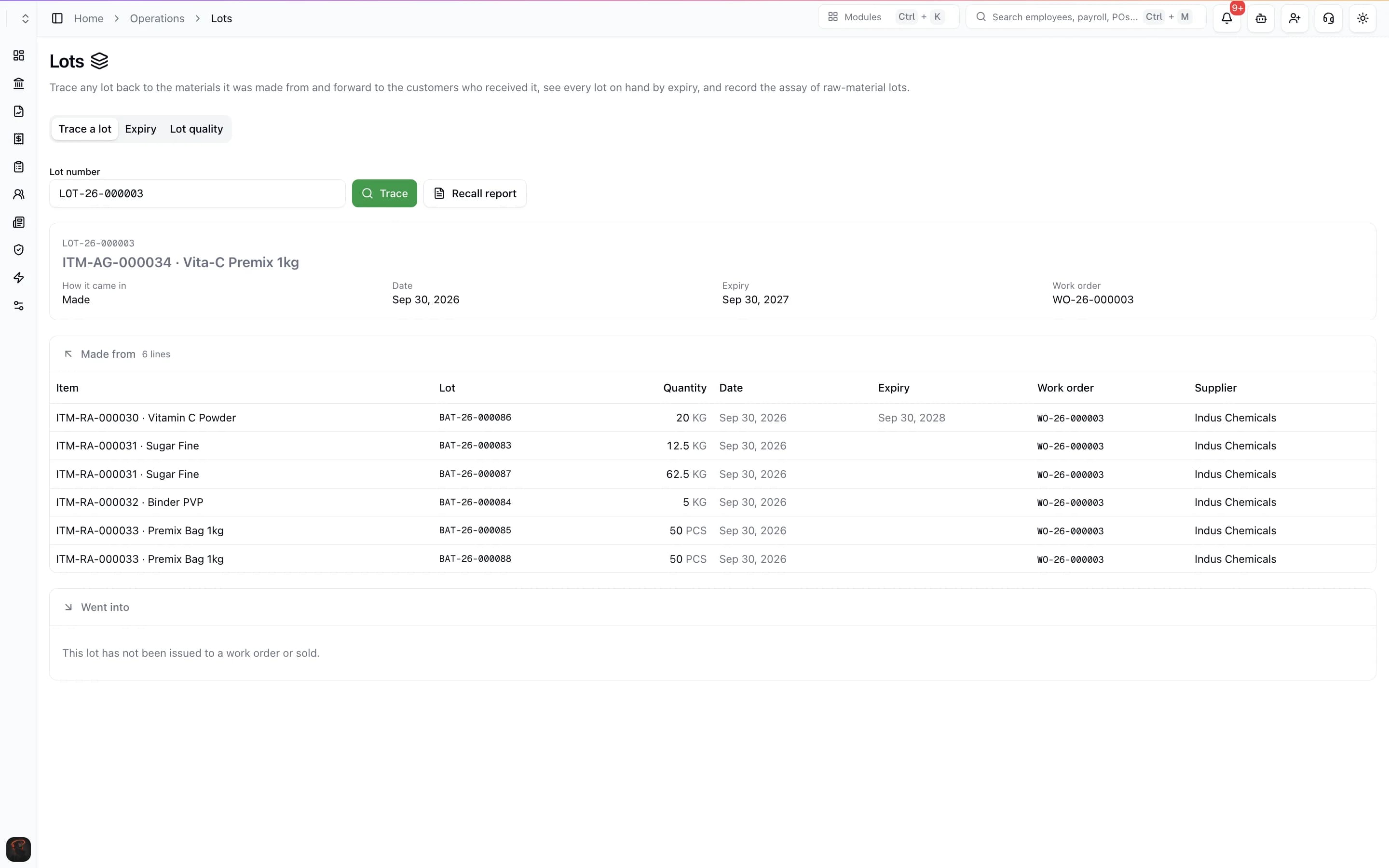 ERES lot traceability screen tracing a finished lot back to the raw material batches, suppliers and expiry dates it was made from