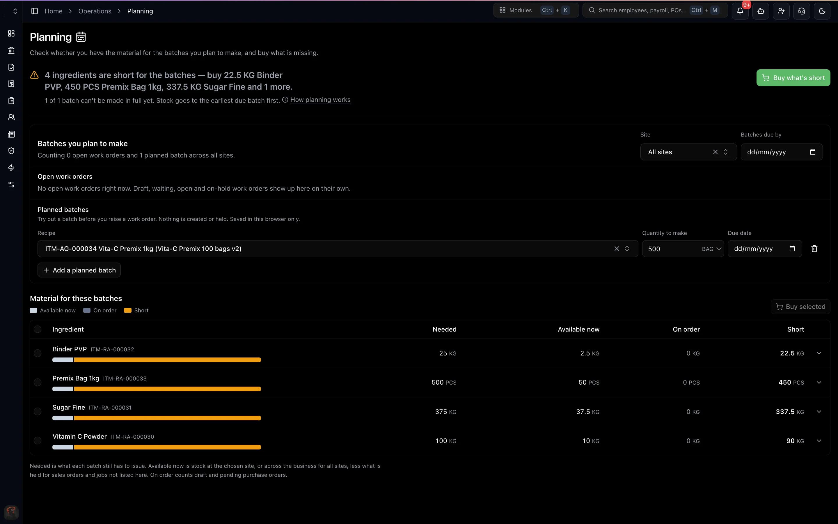 ERES production planning screen showing raw materials needed, available, on order and short for planned batches, with a buy what's short button