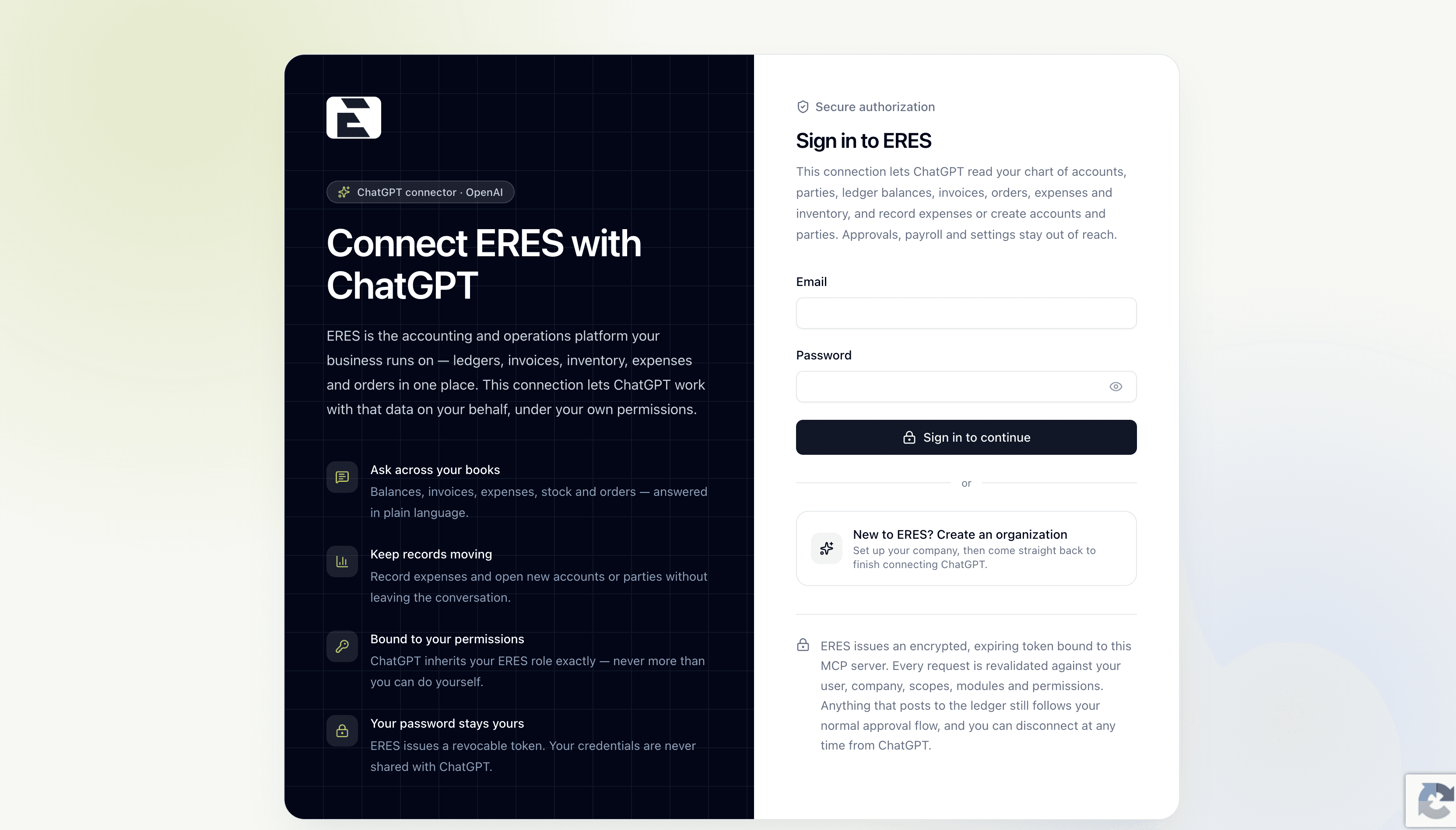 Signing in to ERES from an AI client to authorize the MCP connection