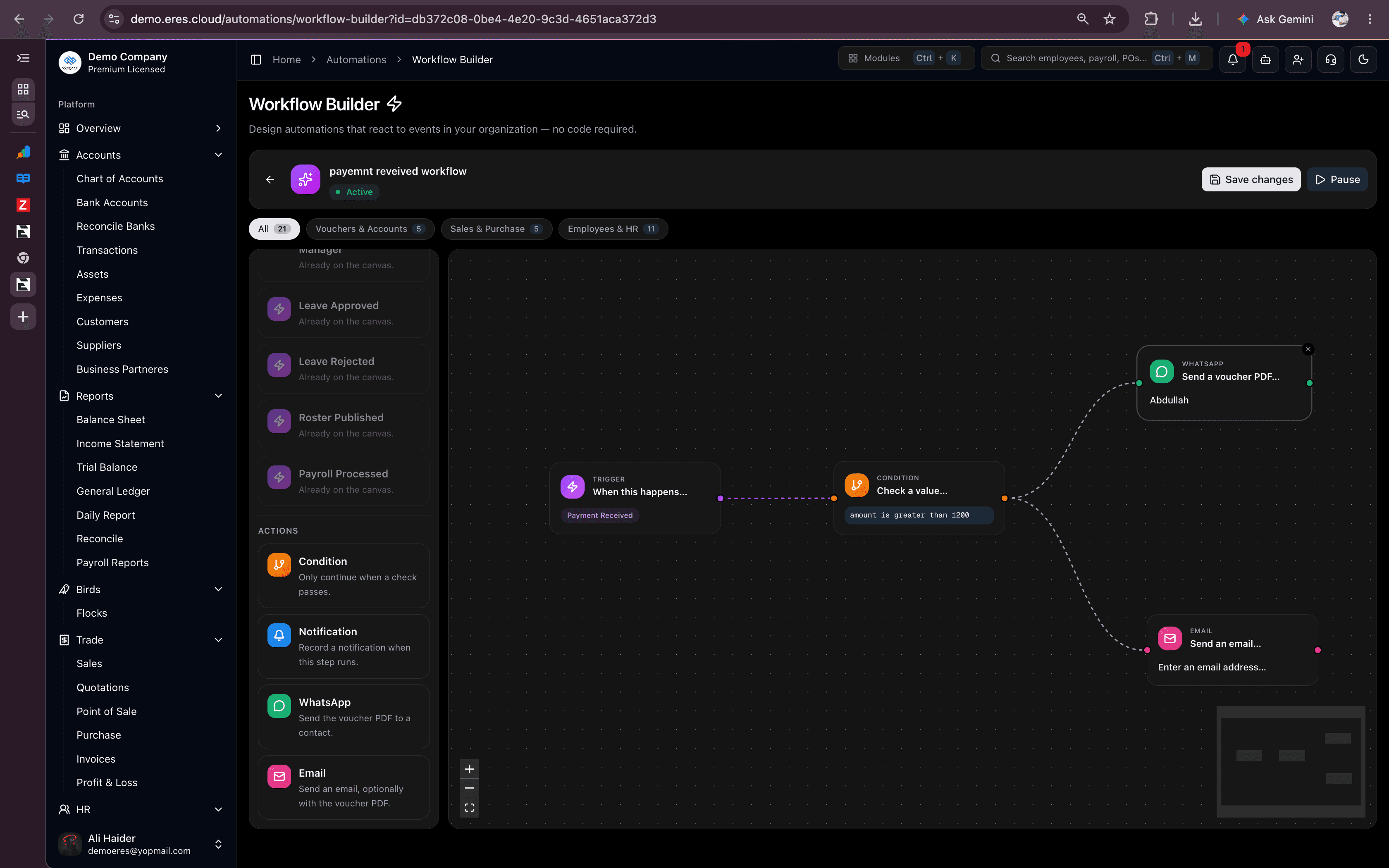 The ERES visual workflow builder canvas, with a Payment Received trigger connected to a condition and WhatsApp and email actions