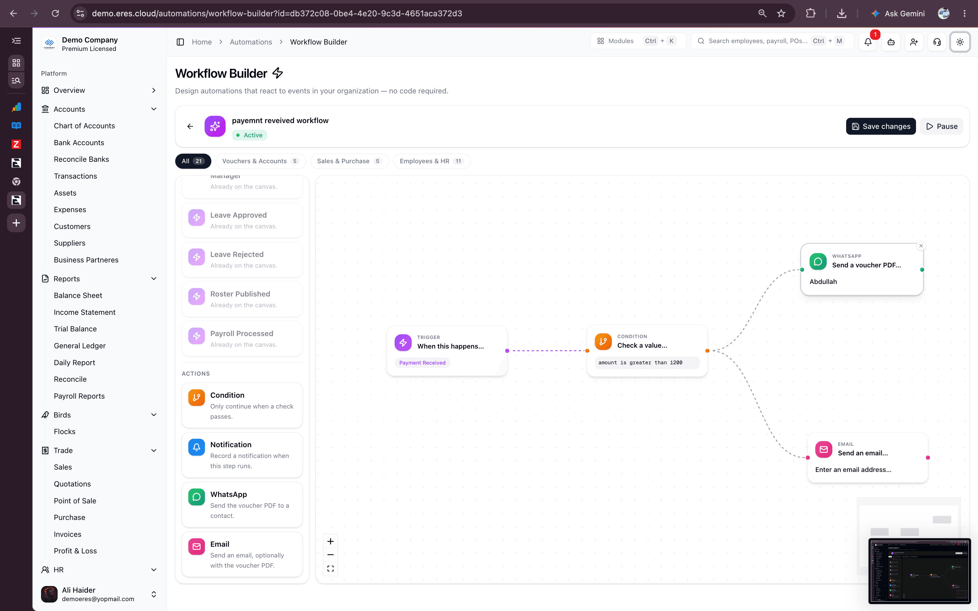 The ERES visual workflow builder canvas, with a Payment Received trigger connected to a condition and WhatsApp and email actions