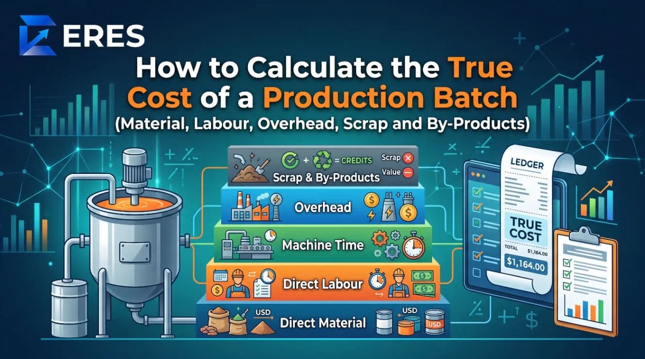 Batch cost sheet showing material, labour, overhead, scrap and cost per unit for a production work order
