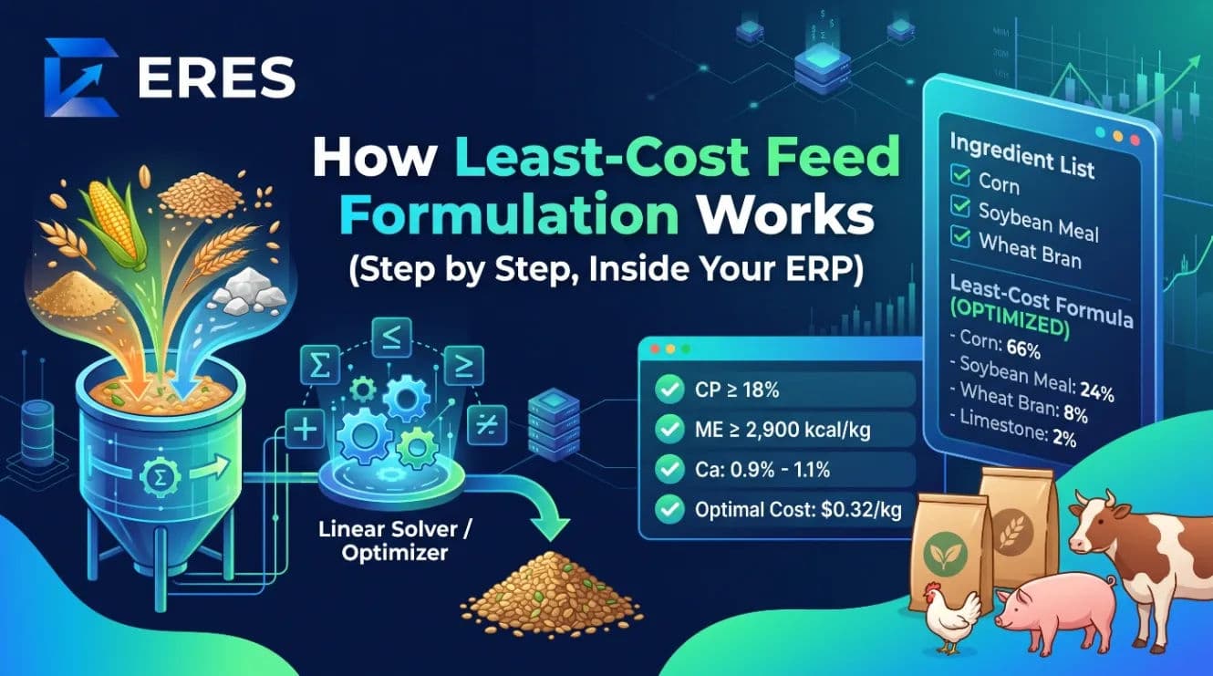 Least-cost feed formulation result showing ingredient percentages, cost per kg and binding nutrient limits